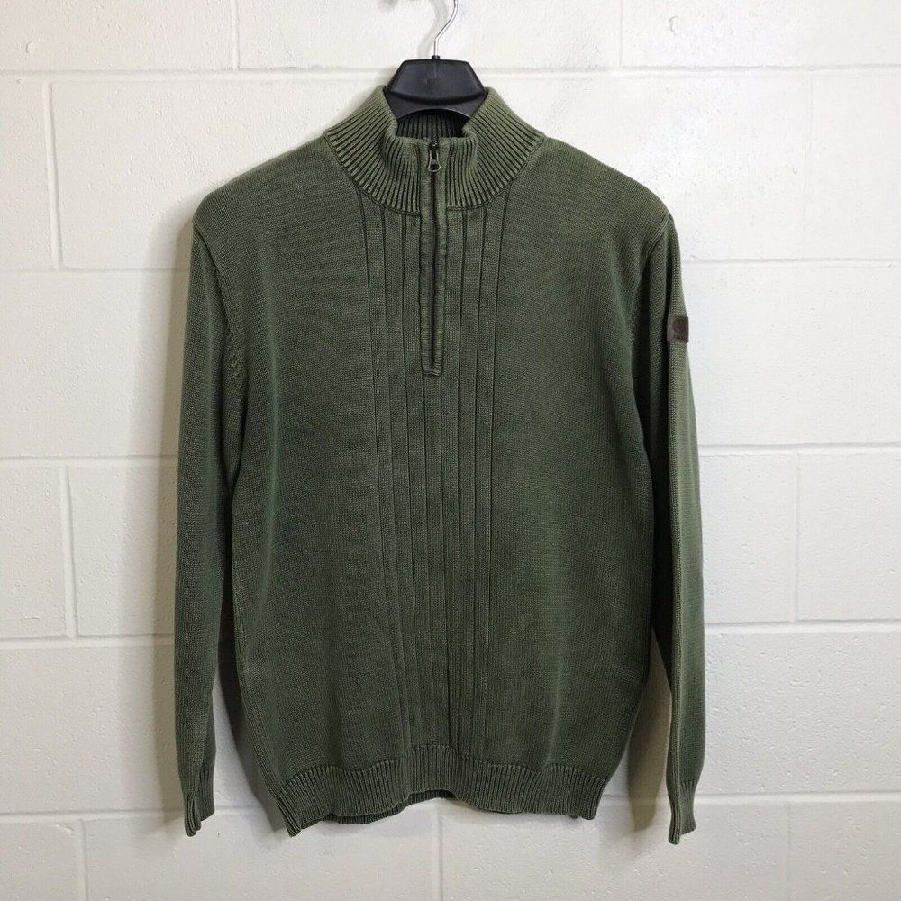 Aigle Mens 1/4 Zip Moss Green 100% Cotton Ribbed Pullover Sweater Sz XL